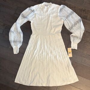 Nanette Lepore White knit Dress with Lace Sleeves